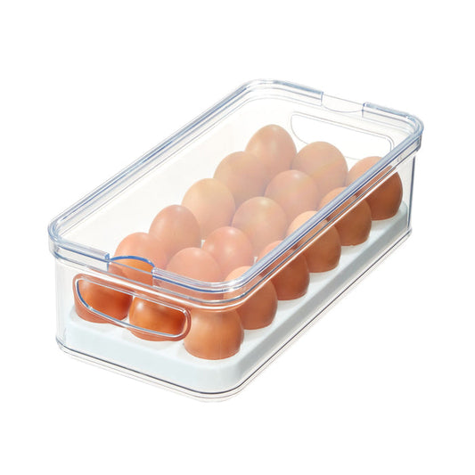 The iDesign Stackable Fridge Egg Bin, made from recycled plastic, stores a dozen brown eggs in two rows. It features a built-in side handle for easy carrying and organizing.