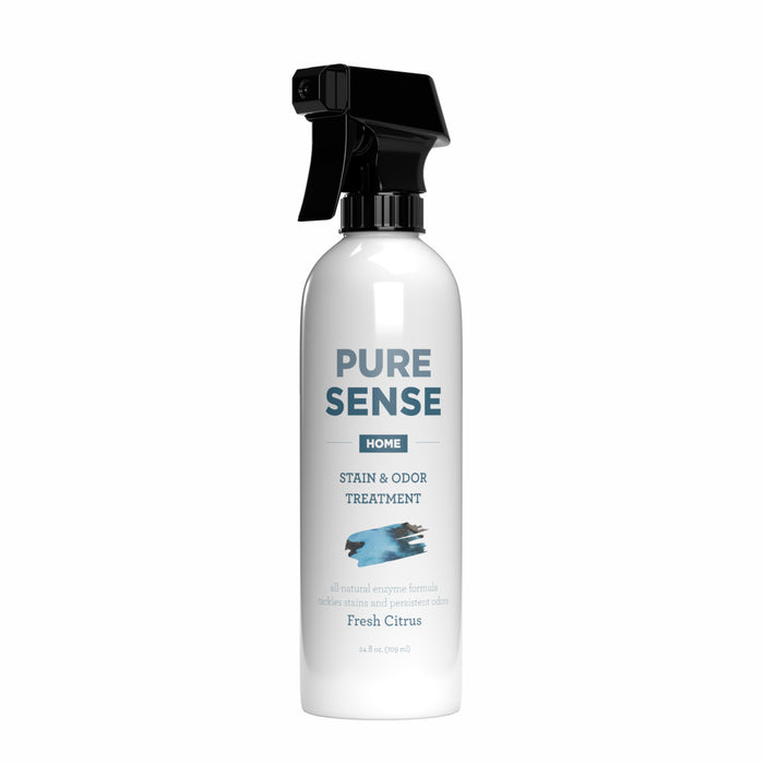 The Stain & Odor Remover by Pure Sense is a white spray bottle with a sleek black nozzle, featuring blue and black text. Labeled PURE SENSE HOME, it effectively removes stains and eliminates odors in a naturally derived Fresh Citrus scent with a minimalist design.