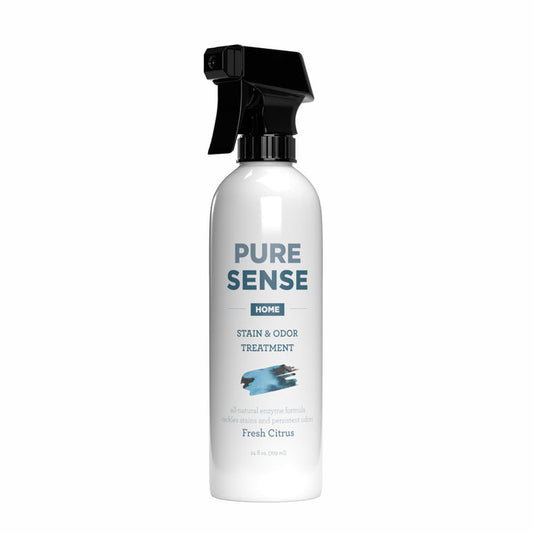 The Stain & Odor Remover by Pure Sense is a white spray bottle with a sleek black nozzle, featuring blue and black text. Labeled PURE SENSE HOME, it effectively removes stains and eliminates odors in a naturally derived Fresh Citrus scent with a minimalist design.