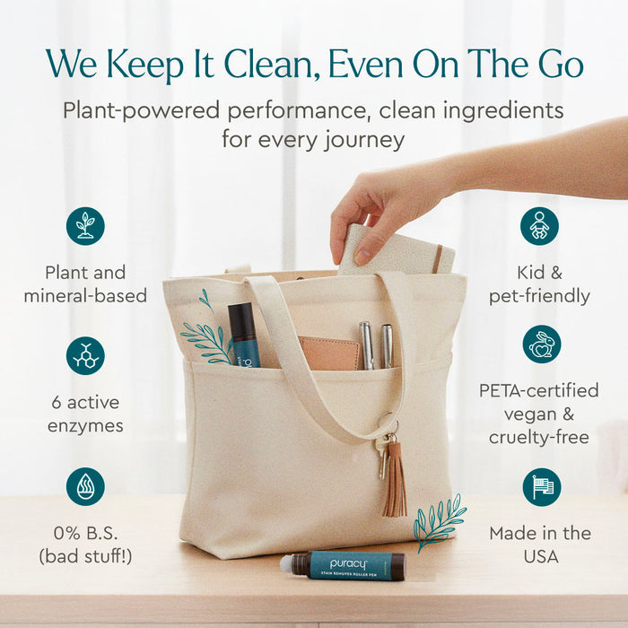 A hand packs laundry items by a cream tote and Stain Remover Roller Pen 3-Pack + free 4-oz bottle.
