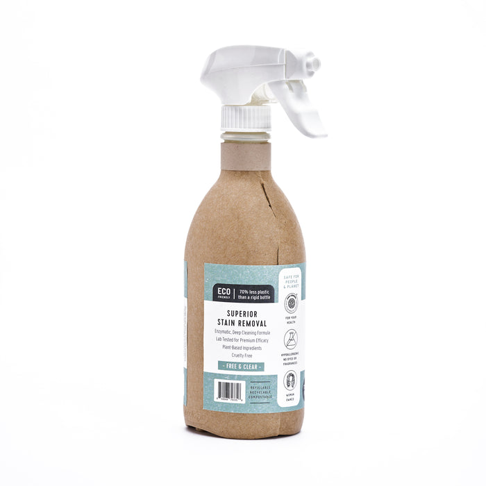 A brown spray bottle labeled Root & Splendor Stain Remover stands against a white background. With a white nozzle, it highlights eco-friendly packaging and natural ingredients, emphasizing its stain-removing effectiveness.