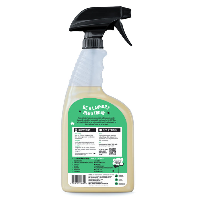 The reverse side of a translucent bottle with a green label, branded Mollys Suds Stain Spray, reads Be a Laundry Hero Today. It features a black nozzle and provides tips, directions, and clean ingredient lists suitable for sensitive skin.