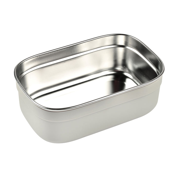 The BEABA Stainless Steel Bento Lunch Box boasts a shiny interior and matte exterior, with silicone dividers for easy organization. Its rounded corners add a sleek look, ensuring its status as an eco-friendly container, all showcased against a plain white background.