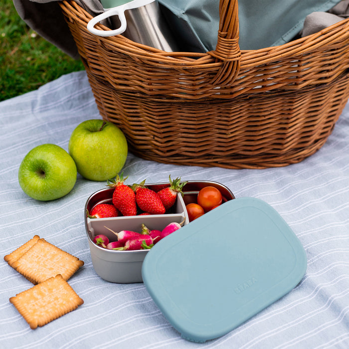 A wicker picnic basket sits on a striped blanket. Nearby, a BEABA Stainless Steel Bento Lunch Box with a blue lid holds strawberries, radishes, and tomatoes. Two green apples and two square biscuits lie on the blanket, completing this idyllic scene.