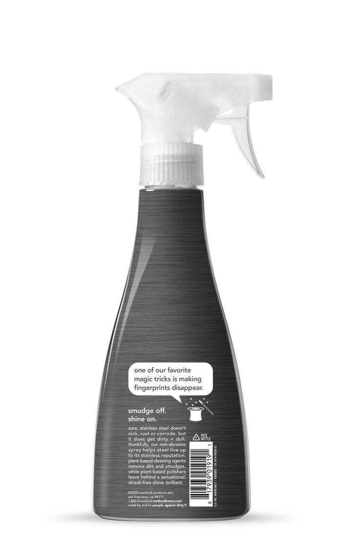 A spray bottle from method features a black label with one of our favorite magic tricks is making fingerprints disappear in a white text bubble. The slogan, smudge off. shine on, is prominently displayed. This surface-safe Stainless Steel Cleaner + Polish has a transparent nozzle and barcode at the bottom.