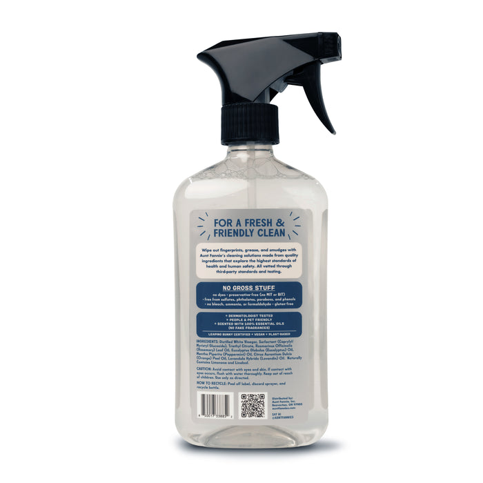 Aunt Fannies Stainless Steel Cleaner in a clear spray bottle with a black nozzle has a label stating For a Non-Abrasive & Friendly Clean. Product benefits and safety notes are included, along with a QR code at the bottom left. The liquid inside is transparent.