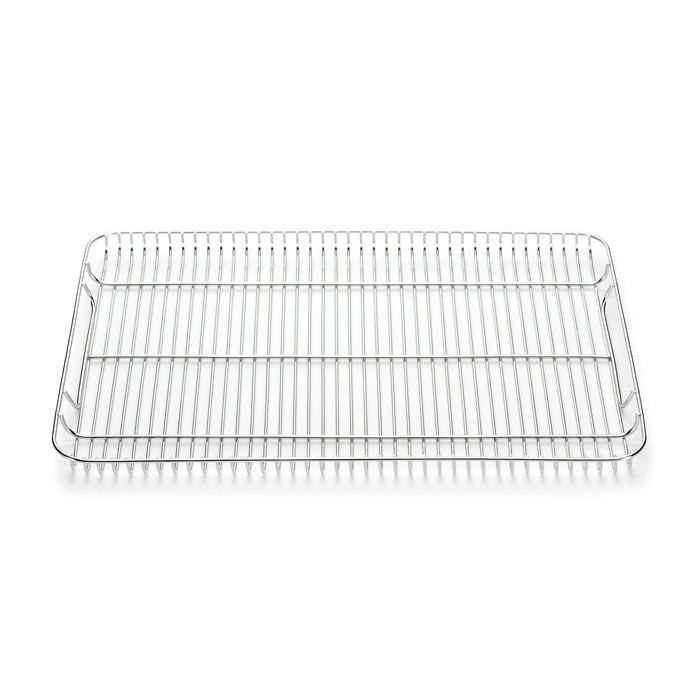 On a white background, the Caraway Stainless Steel Cooling Rack showcases its rectangular design, evenly spaced parallel wires, and raised edge—ideal for maintaining baked goods freshness and oven safety.