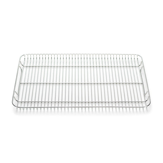 On a white background, the Caraway Stainless Steel Cooling Rack showcases its rectangular design, evenly spaced parallel wires, and raised edge—ideal for maintaining baked goods freshness and oven safety.