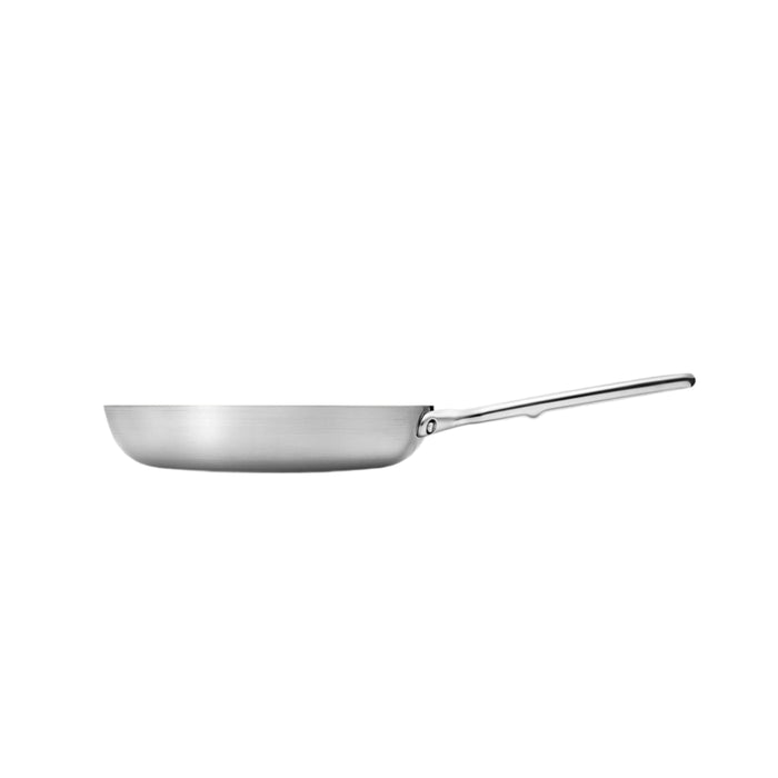 The Caraway Stainless Steel Fry Pan, 8, features a long handle and is presented on a plain white background. This non-toxic cookware boasts a clean, sleek look, perfect for cooking. The extended handle adds to its elegance and functionality.
