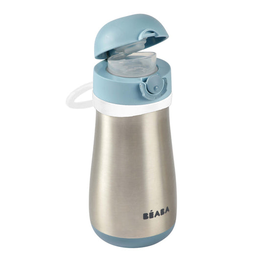 The BEABA Stainless Steel Toddler Thermos Water Bottle, designed for 18+ months, features a transparent spout, blue cap and base, leakproof design with a neck handle, front logo, and a convenient push-button lid ideal for on-the-go young adventurers.