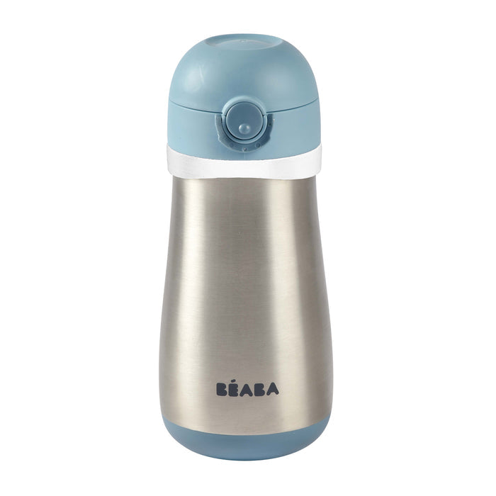 The BEABA Stainless Steel Toddler Thermos Water Bottle, designed for ages 18+ months, features a light blue lid and base. BEABA is elegantly printed on the front, and its push-button lid ensures a simple and leakproof experience, ideal for keeping drinks secure on the go.