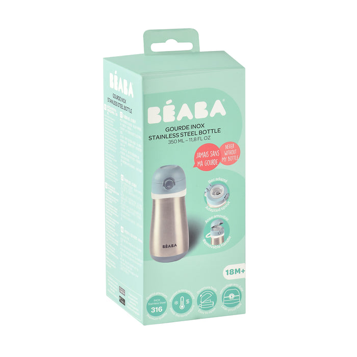 The BEABA Stainless Steel Toddler Thermos Water Bottle for ages 18+ months comes in sleek packaging, highlighting its teal and white design, 11.8 fl. oz capacity, and safety features like a leakproof push button lid.