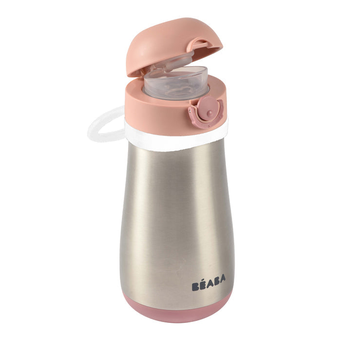 A Stainless Steel Toddler Thermos Water Bottle suitable for 18+ months features a pink push-button lid, leakproof transparent spout, and small easy-carry handle. The brand BEABA is printed in blue near the bottom.