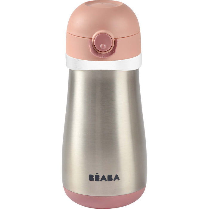 The BEABA Stainless Steel Toddler Thermos Water Bottle, suitable for 18+ months, features a pink lid and base with a push-button mechanism for easy drinking. Its leakproof design prevents spills, and the brand name is printed elegantly in black near the bottom.