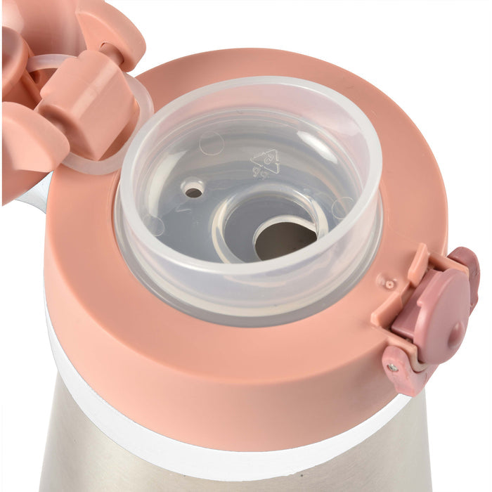 A close-up of the BEABA Stainless Steel Toddler Thermos Water Bottle, 18+ months, shows a pink leakproof lid with an open silicone drinking spout and a push-button flip-lock in matching pink.