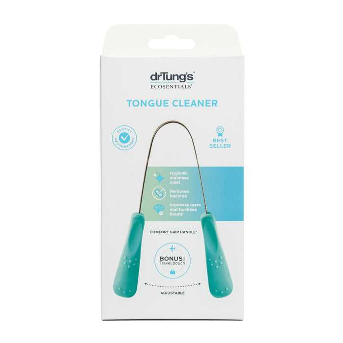 The drTungs Stainless Steel Tongue Cleaner box displays a tongue cleaner with turquoise handles. It features stainless steel construction, an adjustable handle, and extras like a handy travel pouch for superior oral care.