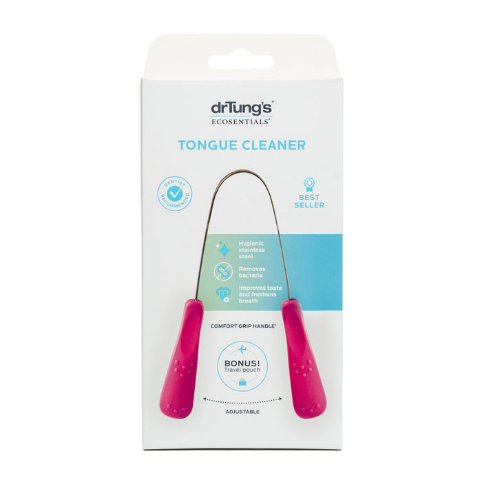 Dr. Tungs Stainless Steel Tongue Cleaner packaging emphasizes its oral care benefits. It includes a cleaner with pink handles and boasts improved taste and breath by removing bacteria, plus a bonus travel pouch.