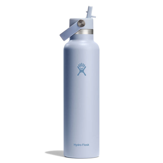 The Hydro Flask 24 oz Standard Mouth Bottle in light blue features a Flex Straw Cap, carrying handle, brand logo on the front, and TempShield double-wall insulation. Its cupholder-compatible for extreme temperature control.