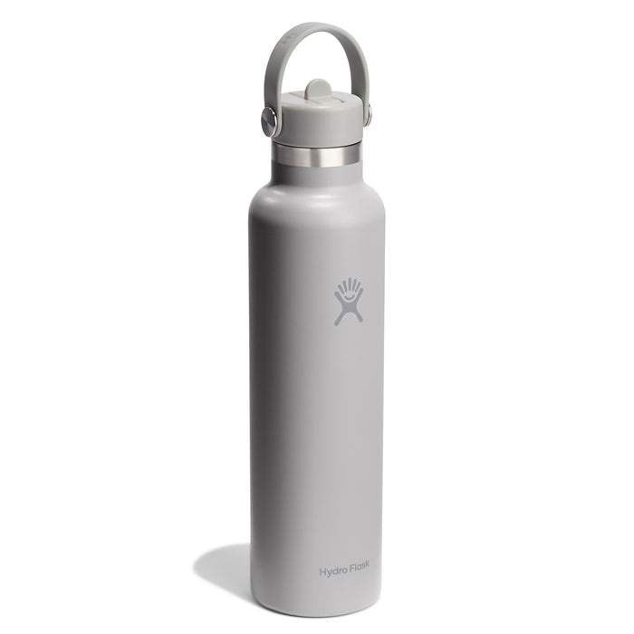 The Hydro Flask Standard Mouth Bottle with a Flex Straw Cap, 24 oz, is shown in gray. It features TempShield double-wall insulation for temperature retention, a sleek design with a centered logo, and a color-matched screw-on handle lid.