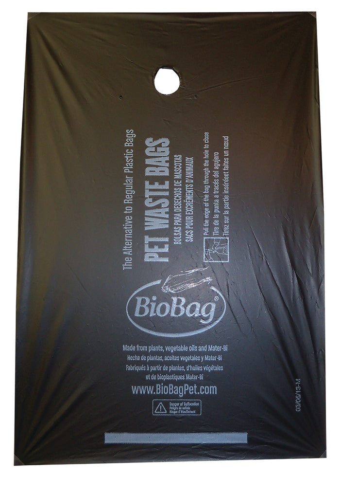 The Pet Waste Bags by BioBag feature a black biodegradable material with BioBag in white text. They emphasize eco-friendly packaging and have a circular hole at the top center for easy hanging.