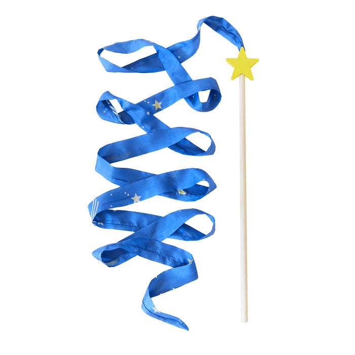 The Star Streamer by Sarahs Silks is a blue ribbon wand with a yellow star at the top, coiled in a spiral, resembling colorful streamers against a white background.