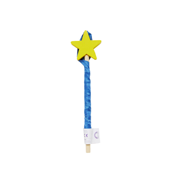 The Star Streamer by Sarahs Silks is a blue and yellow toy wand with a star-shaped tip and streamers, set against a white background. It has a textured blue handle and yellow star, promoting open-ended play and enhancing gross motor skills.