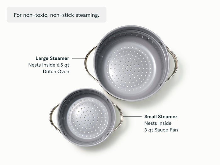 Top view of Caraway’s Steamer Duo—two gray stainless steel steamers with handles, sized for Dutch ovens and saucepans. Text above: For non-toxic, non-stick steaming.