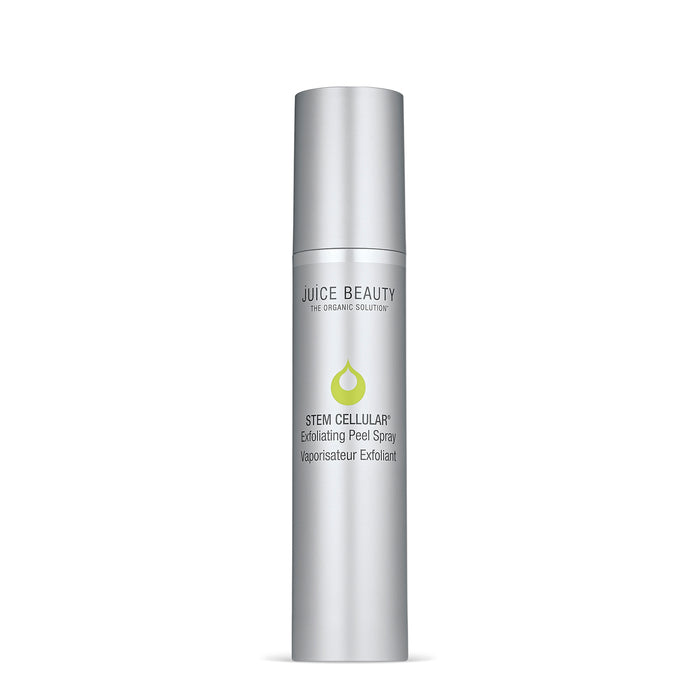 The silver Juice Beauty Stem Cellular Exfoliating Peel Spray bottle sports a green drop logo and promises radiant skin with its modern, organic design. This sleek exfoliant is a refreshing solution for those seeking smooth, glowing skin.