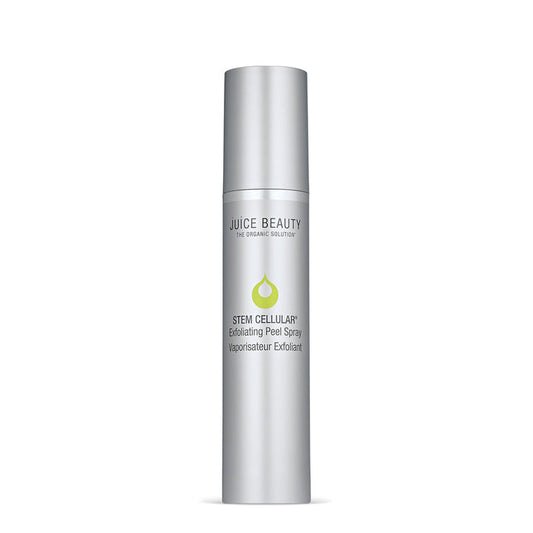 The silver Juice Beauty Stem Cellular Exfoliating Peel Spray bottle sports a green drop logo and promises radiant skin with its modern, organic design. This sleek exfoliant is a refreshing solution for those seeking smooth, glowing skin.