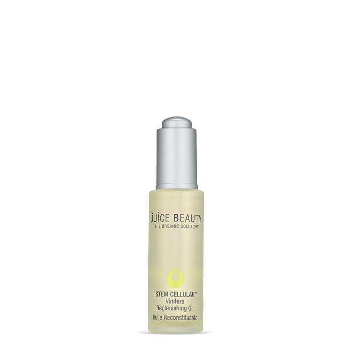 A bottle of Juice Beauty Stem Cellular Vinifera Replenishing Oil + Primer with a silver cap features the brand and product details in light green and black on a white label—an ideal addition to your daytime primer routine.