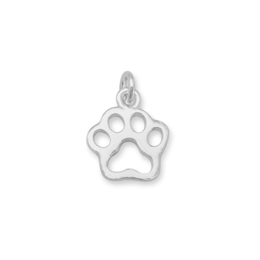 Sterling silver cutout paw print charm measuring 9mm by 9mm for bracelets or necklaces