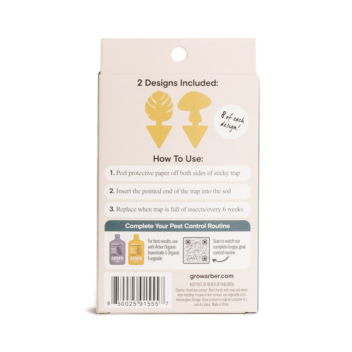 Arbers Sticky Traps to Trap Indoor and Greenhouse Pests feature two chemical-free designs for tackling plant pests. Instructions involve peeling the paper, inserting the trap in soil, and replacing when full. A QR code provides more product details.