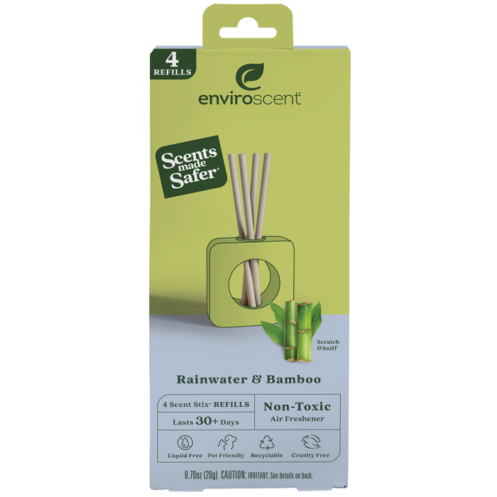 Enjoy the eco-friendly freshness of Enviroscents Stix Diffuser Air Freshener Refill in Rainwater & Bamboo scent. These bamboo sticks, housed in a green square holder, offer a non-toxic formulation that lasts over 30 days.