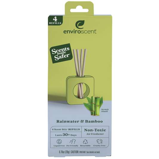 Enjoy the eco-friendly freshness of Enviroscents Stix Diffuser Air Freshener Refill in Rainwater & Bamboo scent. These bamboo sticks, housed in a green square holder, offer a non-toxic formulation that lasts over 30 days.
