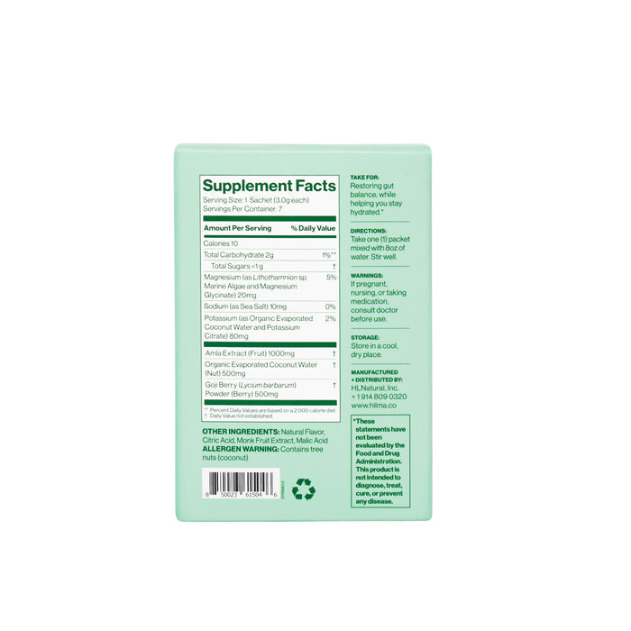 Back of the mint green Hilma Stomach Recover + Hydrate packet shows Supplement Facts, gastroprotective herbs, serving size, optimal stomach reset intake instructions, and recycling symbol.