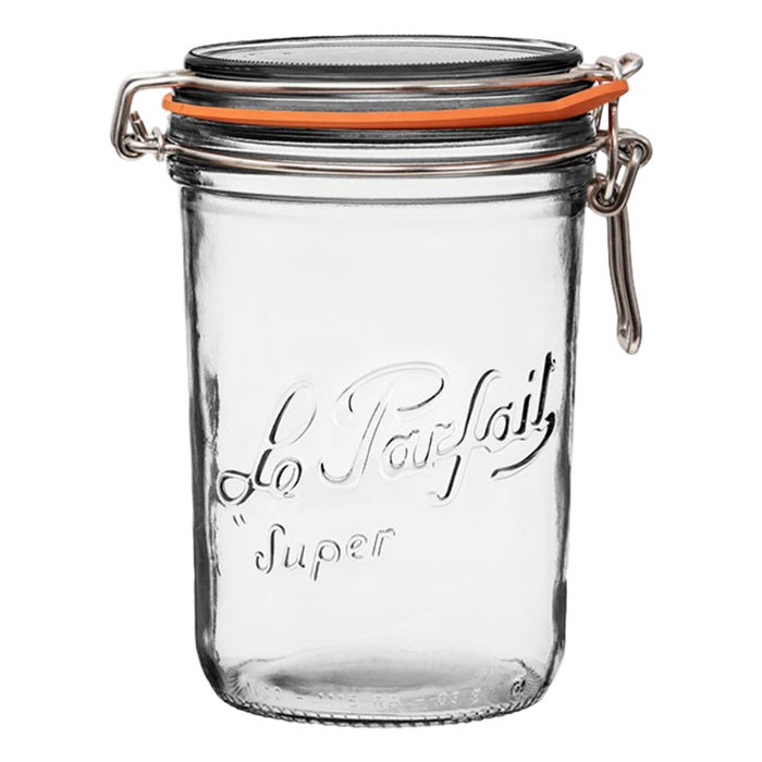 The 1L Le Parfait Storage and Canning Glass Jar features Le Parfait Super embossed on the front, a metal latch, and an orange rubber gasket for sealing, providing an elegant plastic-free food storage solution.