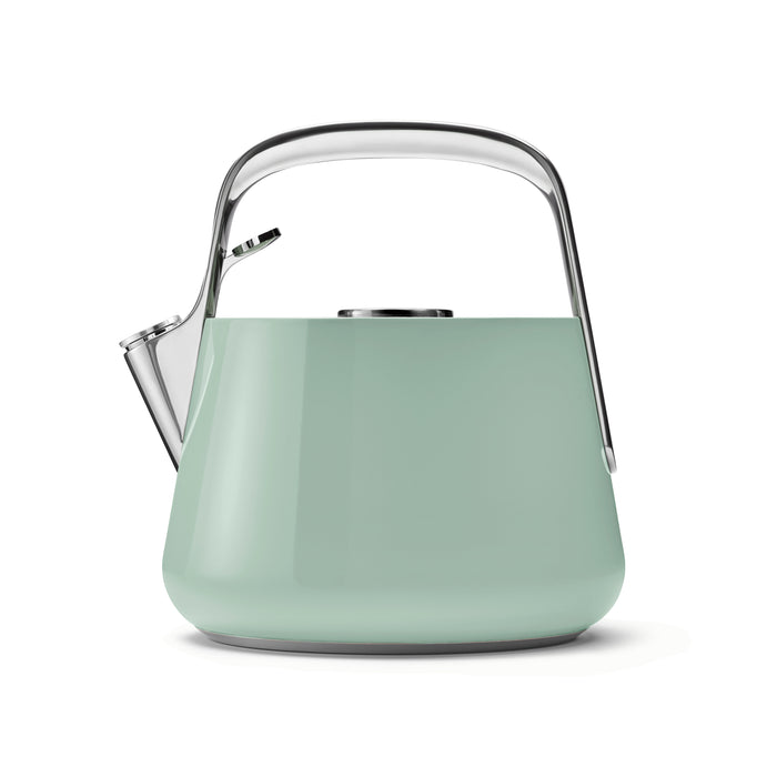 The Caraway Stovetop Whistling Tea Kettle is glossy mint green with a shiny stainless steel handle and spout, boasting a modern minimalist design against a white backdrop.
