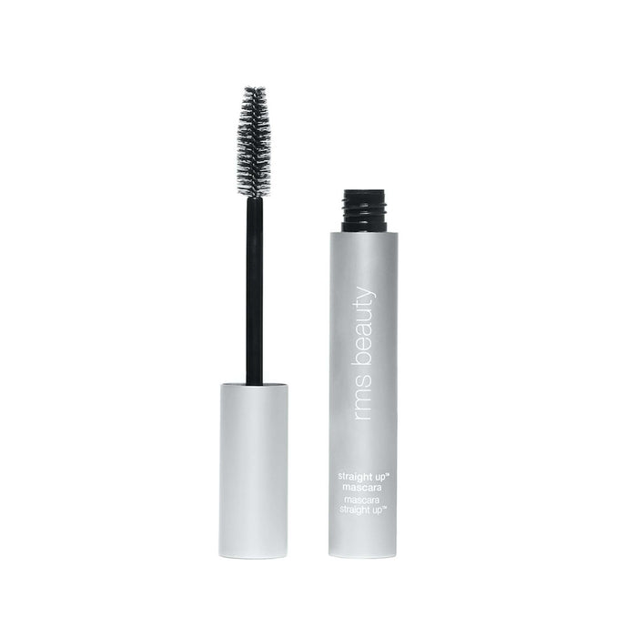 Silver tube of RMS Straight Up™ Volumizing Peptide Mascara with cap removed to show brush applicator; the clean formula, enhanced with peptides for volume, is housed in a tube with minimalistic, modern typography.