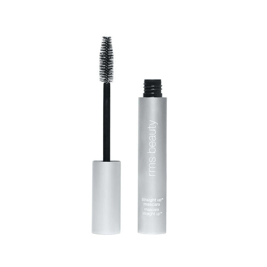 Silver tube of RMS Straight Up™ Volumizing Peptide Mascara with cap removed to show brush applicator; the clean formula, enhanced with peptides for volume, is housed in a tube with minimalistic, modern typography.