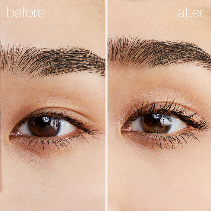 Close-up of two eyes side by side, labeled before and after. The before eye shows thicker brows with natural lashes, while the after reveals more defined brows, and RMS Straight Up™ Volumizing Peptide Mascara adds volume for longer, curled lashes.