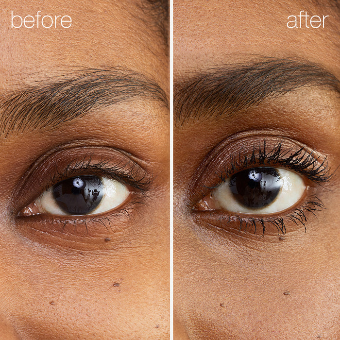 Close-up of a person’s eye in a split image labeled before and after. The left side shows minimal makeup, while the right displays defined lashes with RMS Straight Up™ Volumizing Peptide Mascara for extra volume and enhanced lashes.
