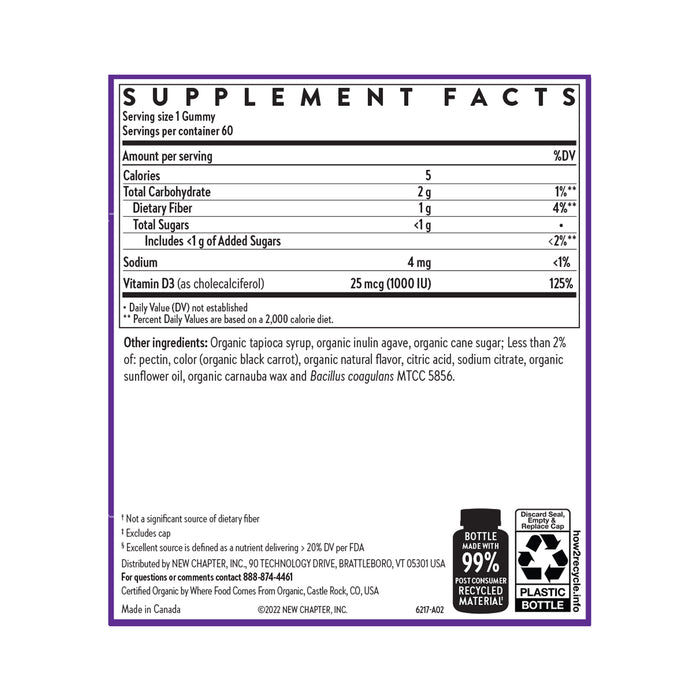 New Chapters Strength Support Vitamin D3 gummies have a supplement facts label listing a serving size of 1 gummy, with 60 gummies per container. Each gummy contains 5 calories, 1g total carbs, and 1g sugar. Ingredients include organic tapioca syrup, cane sugar, and elderberry powder. Recycling info is on the bottom of the plastic bottle.