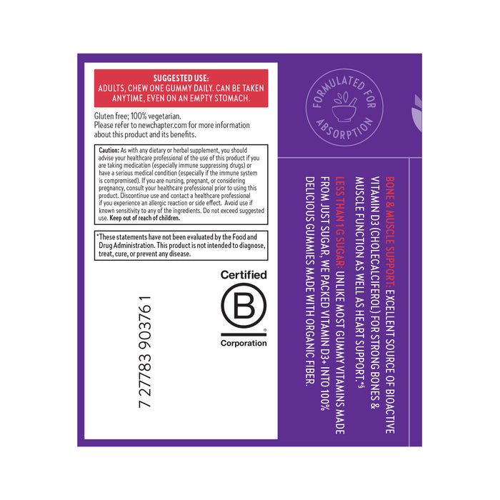 The Strength Support Vitamin D3 from New Chapter comes in a purple-design box featuring nutritional info and certifications, highlighting its gluten-free organic fiber benefits. Suitable for adults, it aids bone health with bioactive Vitamin D3 and features a Certified B Corporation logo for credibility.