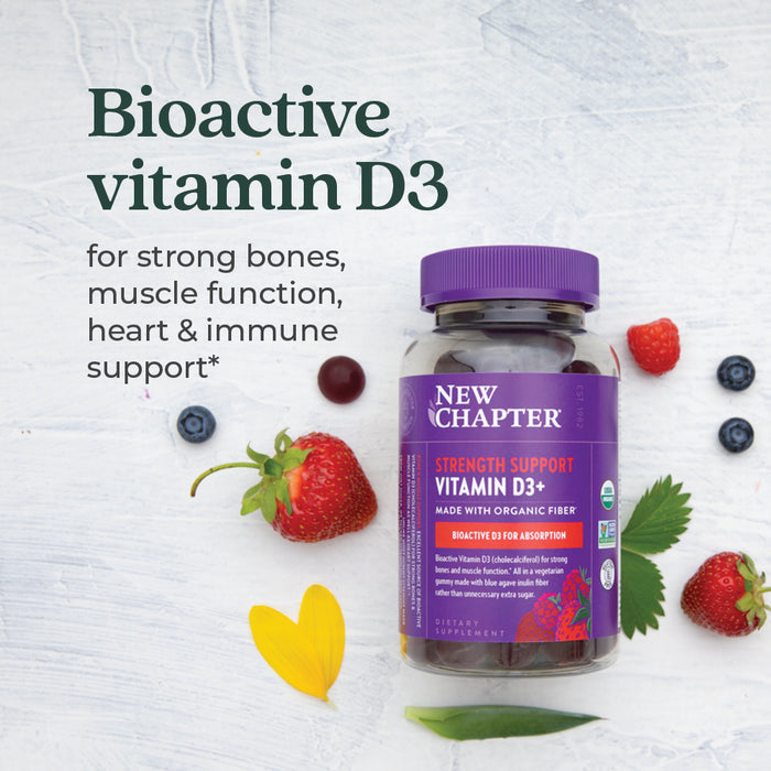 A bottle of New Chapter Strength Support Vitamin D3+ Gummies, Mixed Berry Flavored, rests on a light surface with berries and petals. Text highlights bioactive Vitamin D3+ supporting bones, muscles, heart health, and immunity.