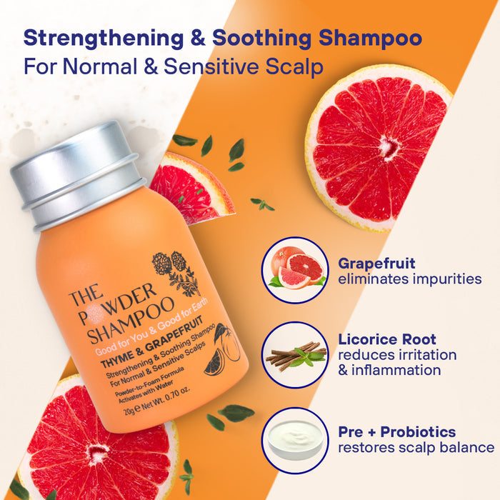 Image of The Powder Shampoos Strengthening & Soothing Powder Shampoo for normal and sensitive scalps with Grapefruit Essential Oil in a small orange bottle, surrounded by grapefruit halves, licorice root, and probiotics. Text highlights benefits: removes impurities, reduces inflammation, restores balance.
