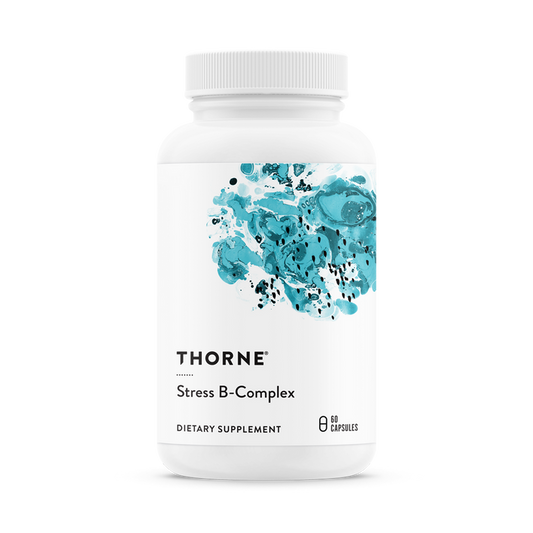 A white bottle labeled Thorne Stress B-Complex features abstract blue splashes and holds 60 capsules. Packed with essential B vitamins, it supports adrenal health and boosts immune function for overall well-being.