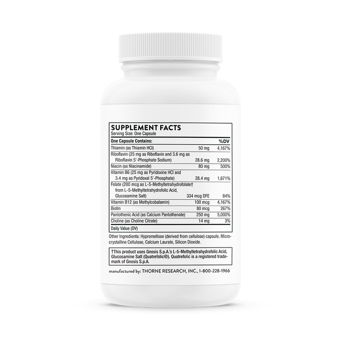 Image of a white Stress B-Complex supplement bottle from Thorne. The label shows B vitamins like B1, B2, B6, and B12 with their quantities and daily values, suggesting potential support for immune function and adrenal health.