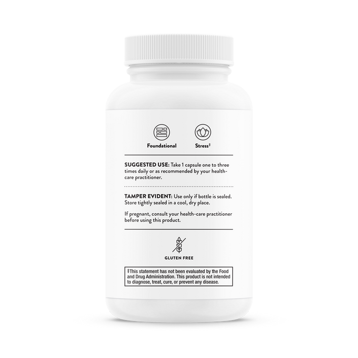 The Thorne Stress B-Complex bottle features instructions and icons for foundational support, stress relief, and gluten-free benefits. With B vitamins for adrenal support, it suggests 1 capsule 1-3 times daily. Includes a tamper-evident seal and FDA disclaimer.