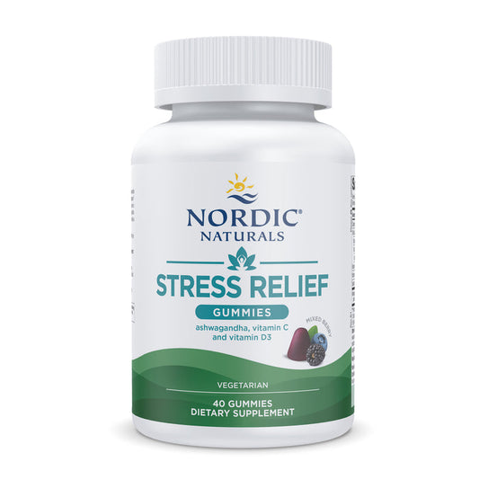 Nordic Naturals Stress Relief Gummies, in a white bottle, feature ashwagandha and vitamins C and D3. The label emphasizes a vegetarian formula with 40 gummies, alongside an image of purple and red gummies near berries.