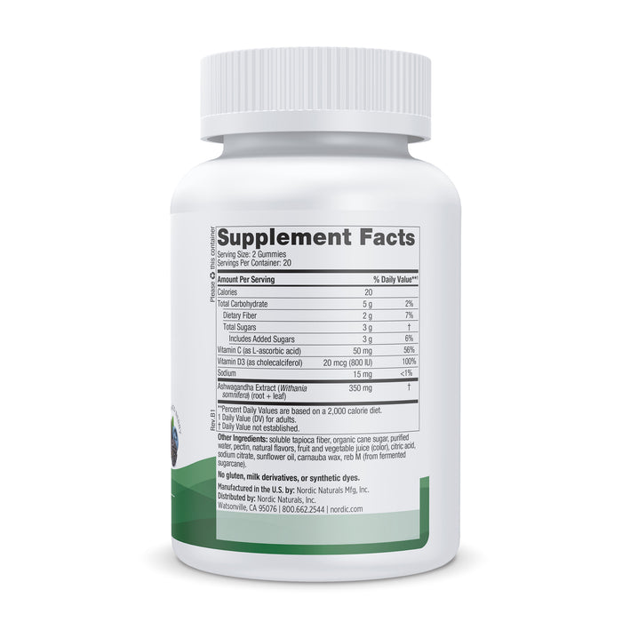 The white Stress Relief Gummies bottle from Nordic Naturals displays a Supplement Facts label with nutritional details, serving size, and stress-relieving ashwagandha ingredients. Its free from gluten, milk derivatives, and synthetics. Contact and manufacturing details are on the side.